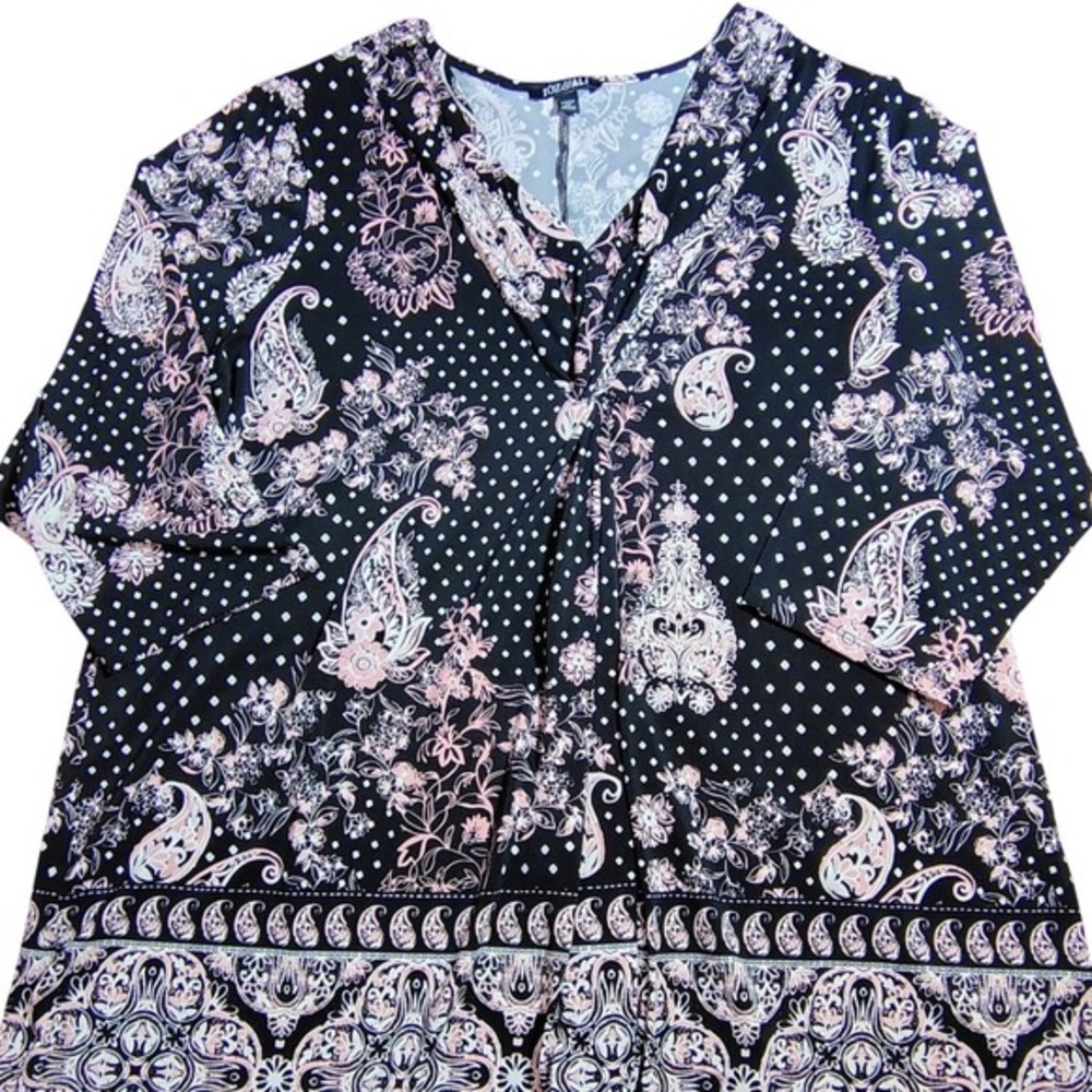 Black‎ Pink Paisley Floral Print Twist Neck 3X Top Plus Size boho casual